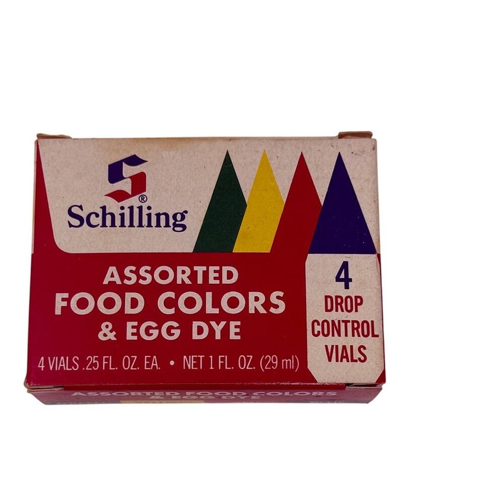 Vintage Schilling Food Colors & Egg Dye Box 4 Bottles Partial 1975 Kitchen Prop